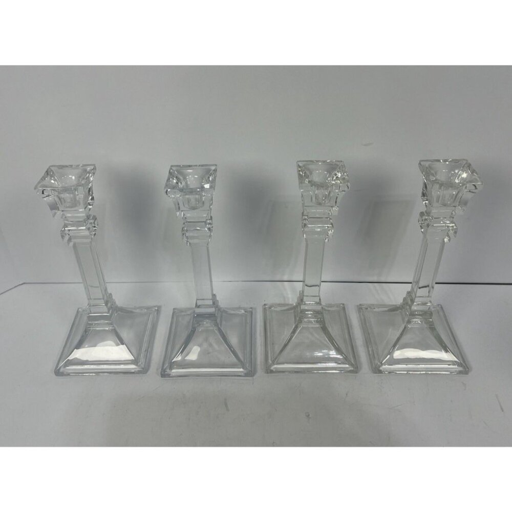 Lead Crystal Clear Glass Art Deco Candlesticks Square Base Tapers (4) Nice Ring